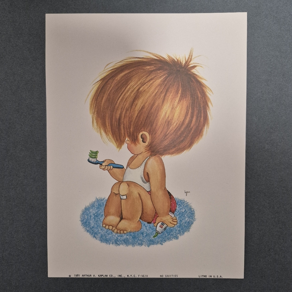 Vintage Lynn Lithograph, Cute Child Brushing Teeth, Restroom, Bathroom 1980s